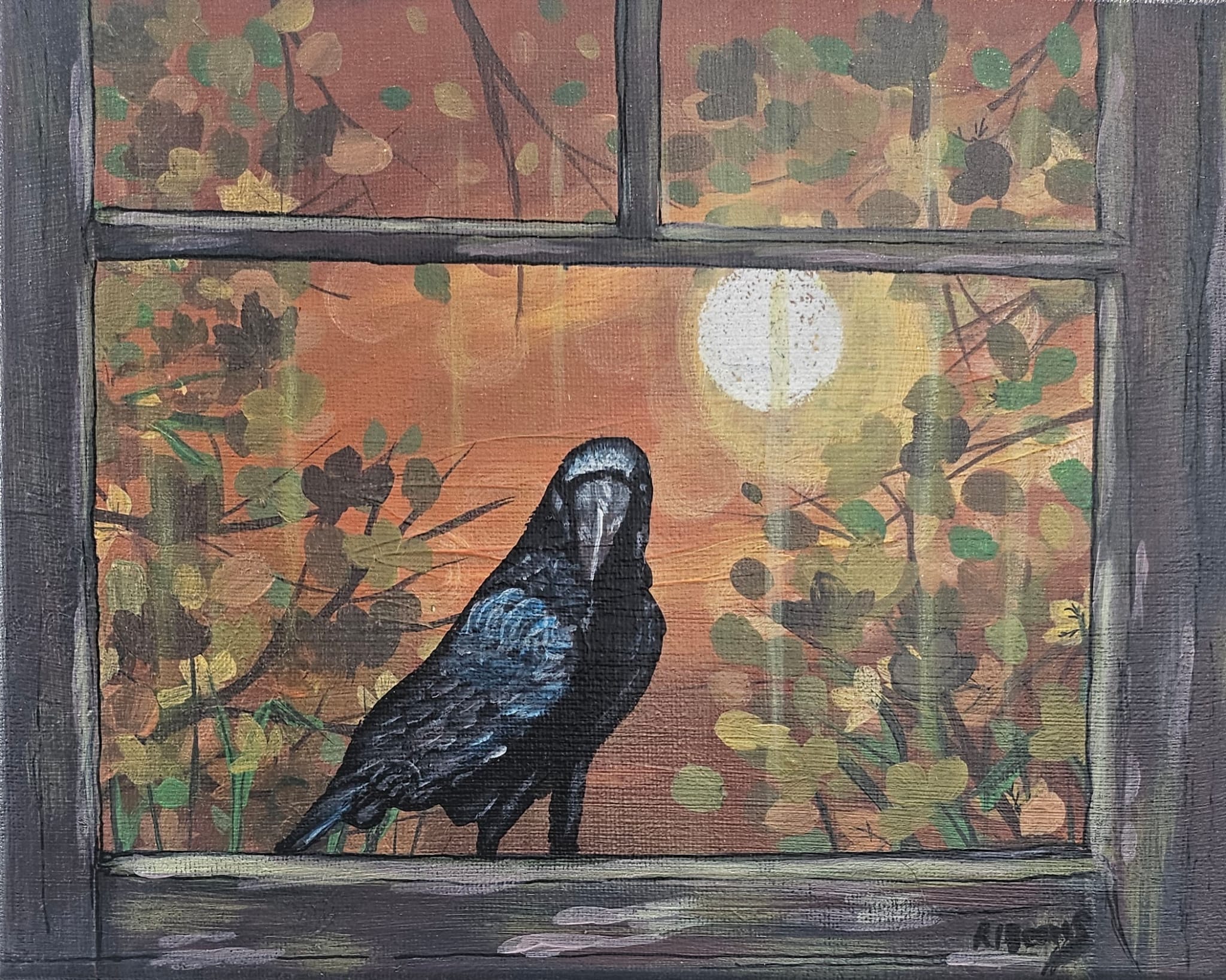 Raven at the Window Acrylic Painting