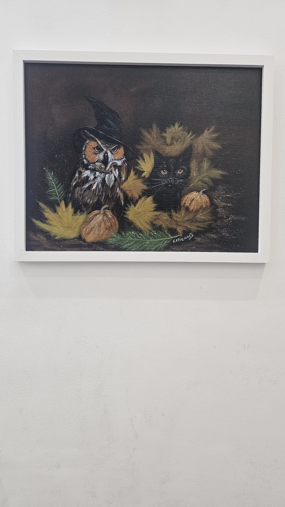 Owl & Black Cat Acrylic Painting